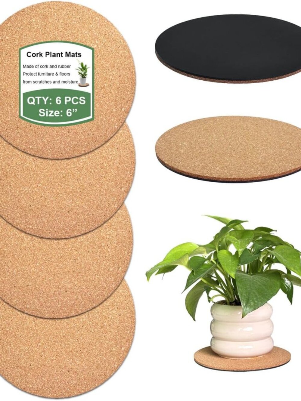 6 Inch Cork Plant Coasters, 6 Pack Round Plant Mats for Indoor Flower Pots
